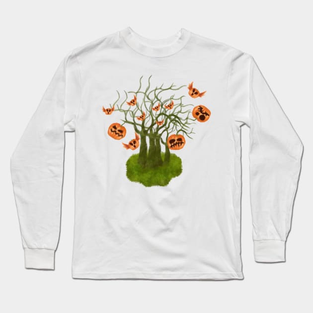 Celebrating halloween spooky season in scary pumpkins garden with flying pumpkin Long Sleeve T-Shirt by fslaf